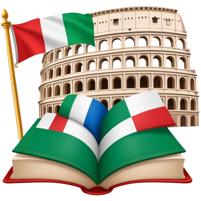 An icon featuring the Colosseum and the flag of Italy, symbolizing the Italian language. The design includes an open book with Italian phrases and a gondola, representing language learning and cultural exploration. Transparent background emoji
