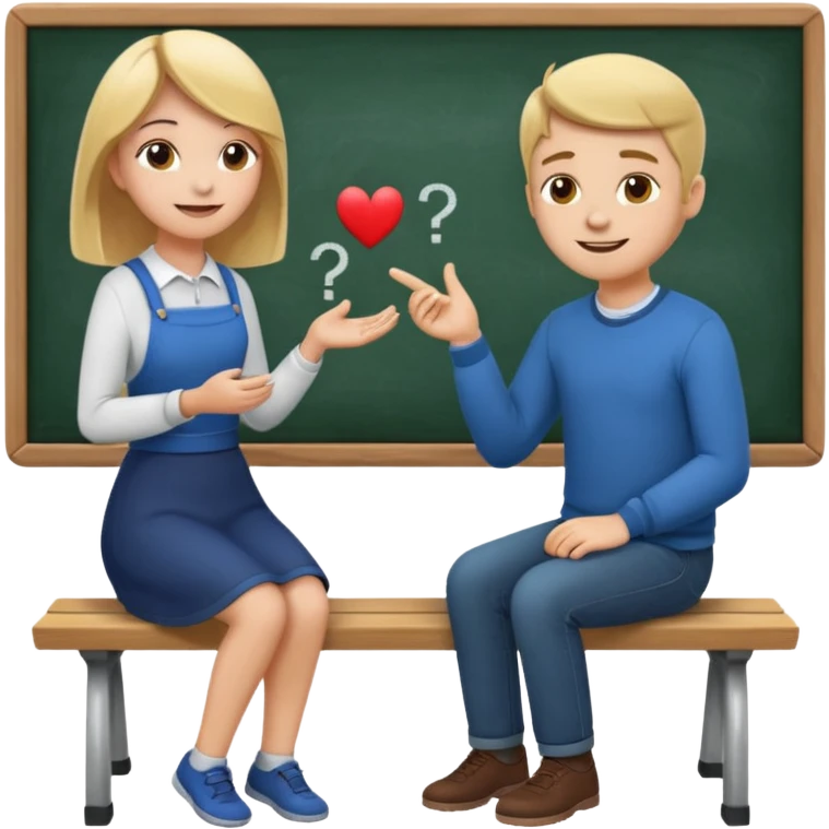 Girl is teaching a guy how to make emojis. Girl at blackboard, guy on bench learning. emoji