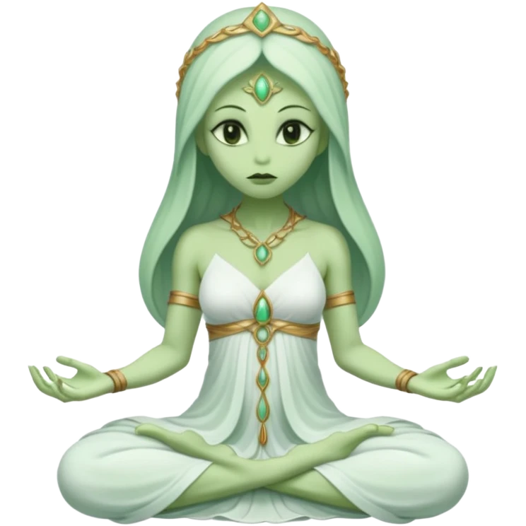 a Reptilian alien woman,in meditation, white dress like a priestess emoji