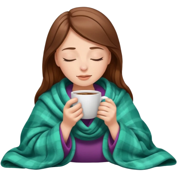 brown-haired white girl inside a blanket sipping coffee eyes closed emoji