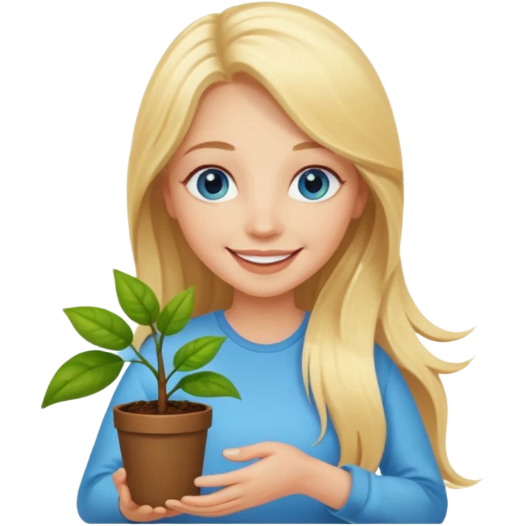 Happy Woman with long blonde hair and blue eyes holding happy plant emoji