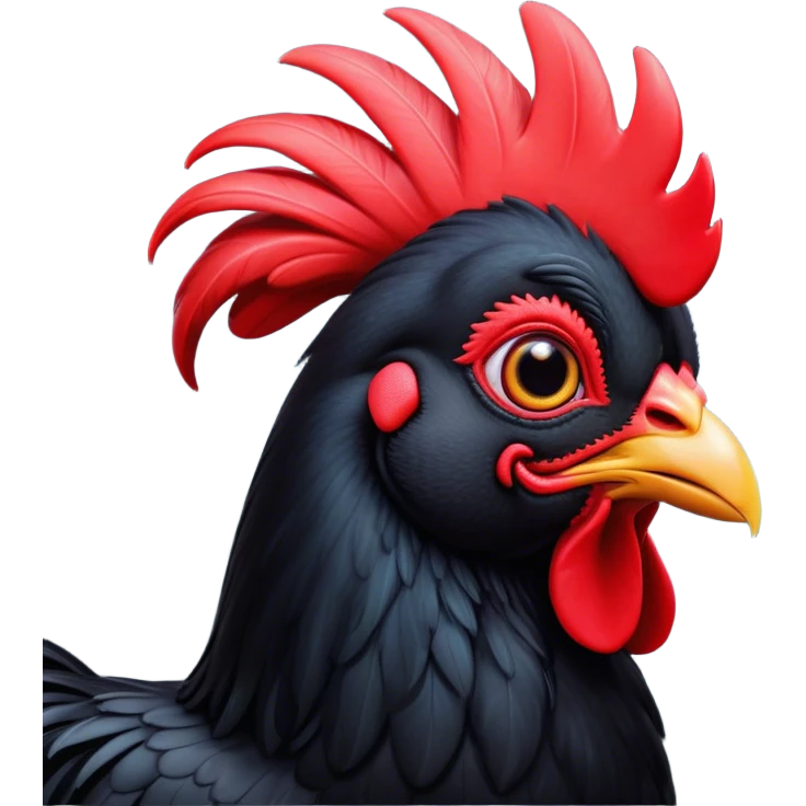 Cinematic Cute Black Rooster Portrait Emoji, Head tilted playfully and inquisitively, featuring a glossy, immaculate black plumage with a vibrant red comb, round, sparkling eyes filled with curiosity, Simplified yet irresistibly adorable features, highly detailed, glowing with a warm, friendly glow, high shine, affectionate and spirited, stylized with a touch of farmyard whimsy, bright and endearing, soft glowing outline, capturing the essence of a mischievous yet loving rooster, so playful it feels like it could strut out of the screen and into your arms! emoji