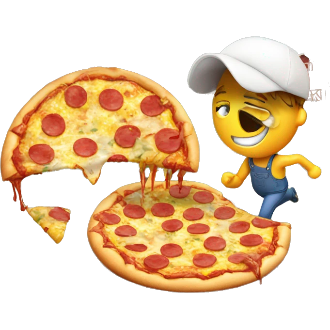 A egg crying running while eating a slobby piece of pizza while next to a farm emoji