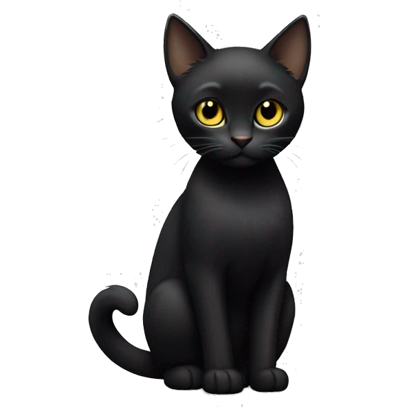 Petite, solid black cat with sleek short fur, light yellow eyes, and small black tufts of pointed hairs at the very tips of he ears only, blending in with her black fur. Full body, no white markings emoji