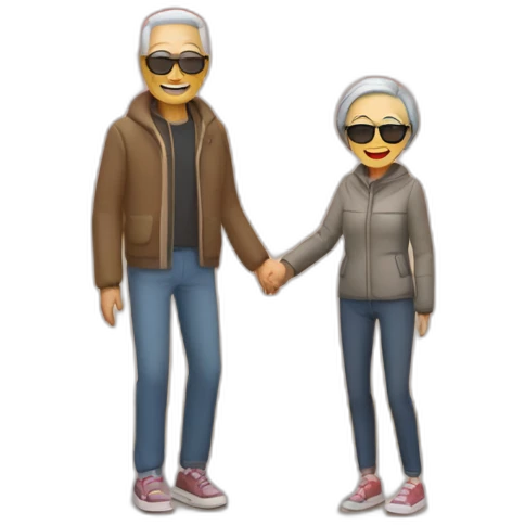 Happy skinny retired Chinese parents with sunglasses. Standing in a park in front of an red autumn tree emoji
