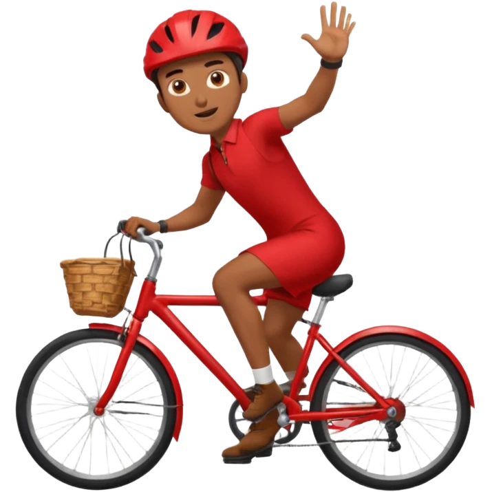 courier man in a red dress on a bike, energetic pose emoji