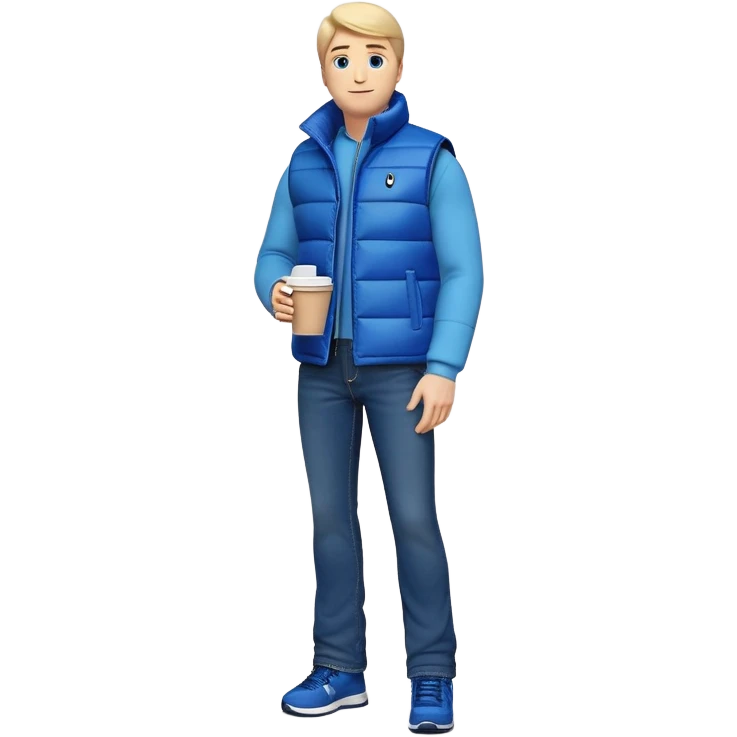 emoji full body man with long sleeve shirt with blue puffer winter vest with no pockets wearing straight long boot cut blue jeans with no cuffs and black tennis shoes holding a coffee mug in one hand directly in front of him at his chest and nothing in the other hand with his weight on one leg emoji
