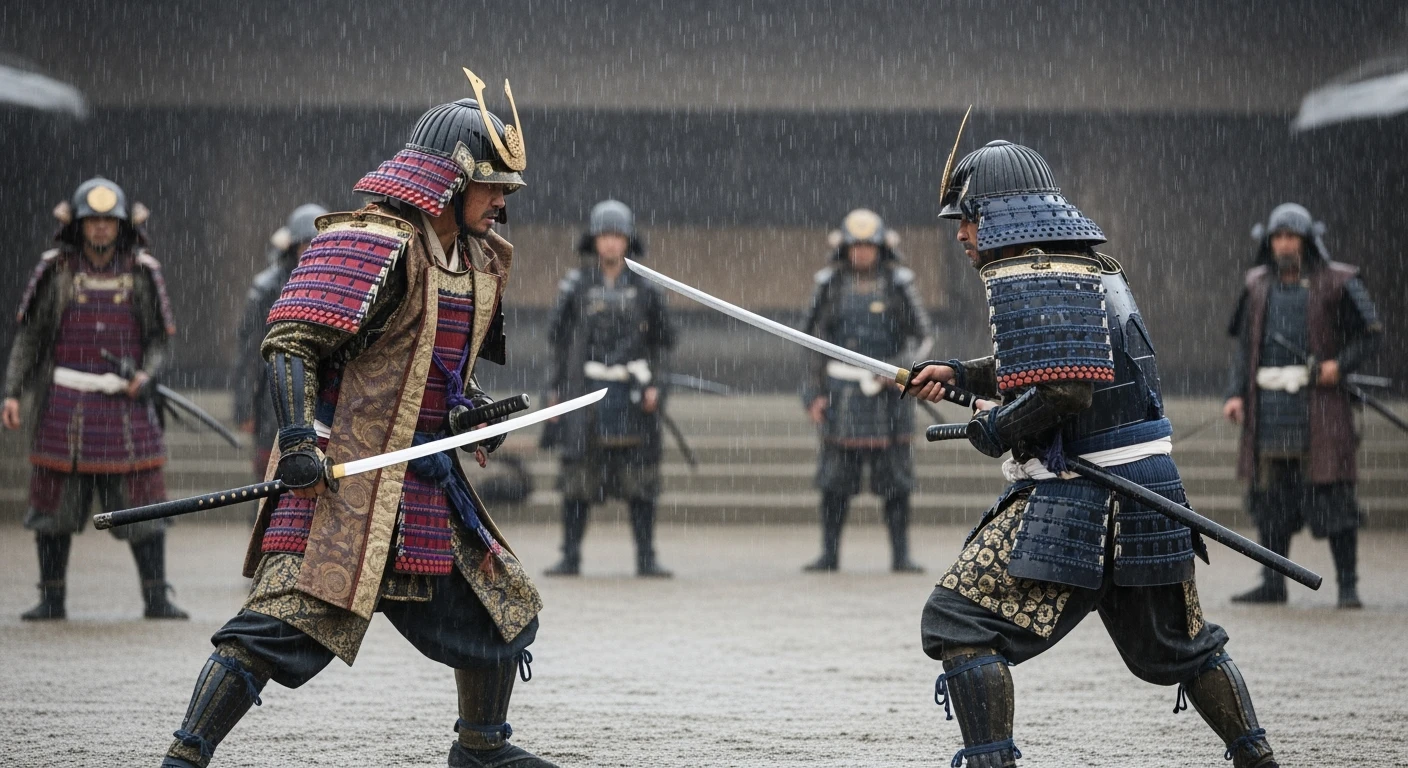 A cinematic scane from 1185, Wide shot of a two japan samurai face to face ready to fight during rain, deph composition, tense atmosphere, captured by by arri alexa, film directed by wes anderson emoji