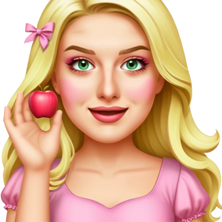 Edit the image to depict a blonde with long hair and swamp eyes rejoicing in a pink pastel dress, in the apple emoji style. emoji