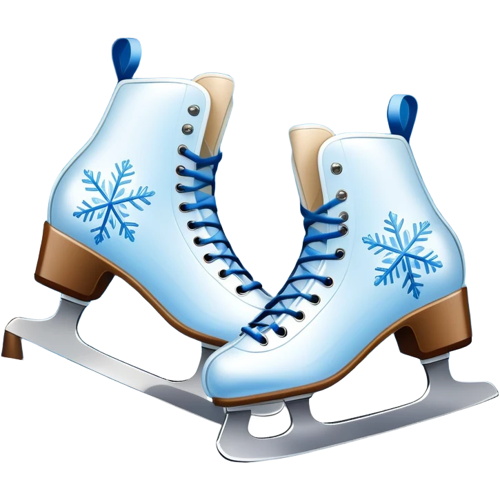 An icon showing In the background, twinkling lights, winter trees, and blue sky. a pair of elegant ice skates gliding across a smooth, frozen rink with snowflakes in the air. Transparent background highlights the grace and charm of ice skating. emoji