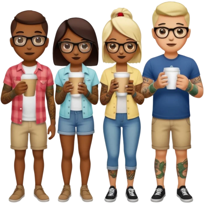 gözlük takan, dövmeli ve elinde kahve tutan, yaz kıyafetli insanlar farklı farklı,  emoji