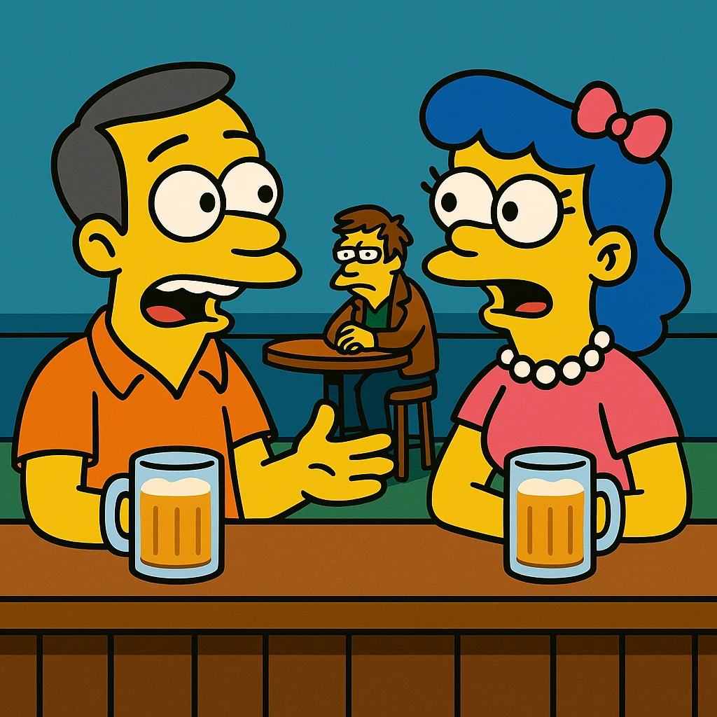 His voice sounded familiar, but I couldn’t remember where I knew him from. 2 person sitting ina bar, talking about a strange guy, sitting in a corner emoji