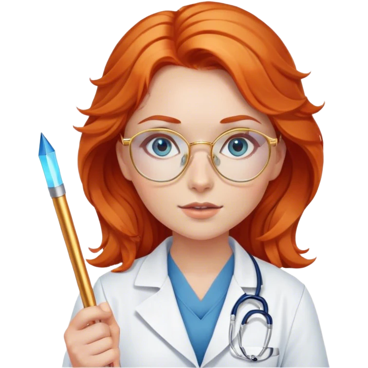 Girl doctor wavy orange red hair blue eyes in gold glasses . And  pointer emoji