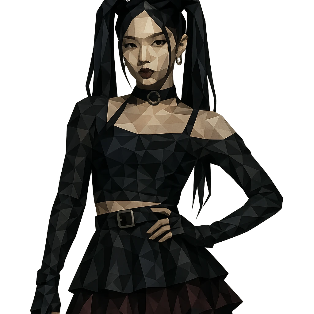 K-pop inspired gothic girl, polygonal style, geometric shapes, dark color palette, stylish stage outfit emoji