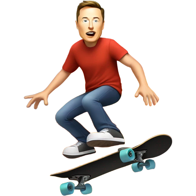 Elon Musk riding a skateboard over a volcano emoji