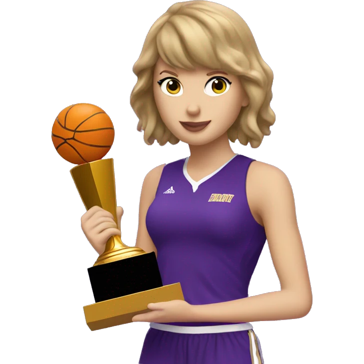 Taylor Swift wearing purple basketball uniform holding trophy emoji