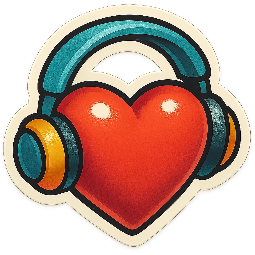 retro sticker style heart with headphones, bold and playful emoji