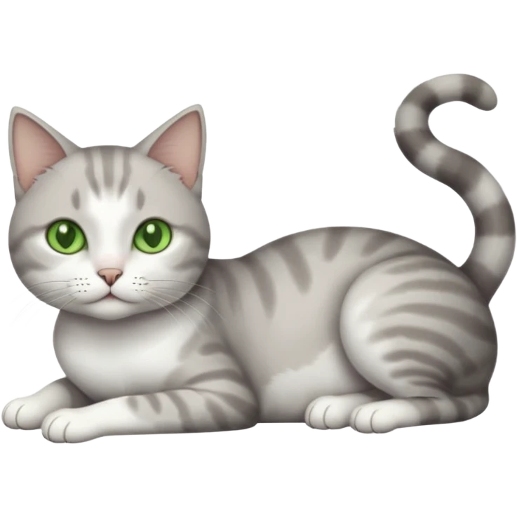 full body tiny short hair grey and white cat with white front legs and green  eyes lying down emoji