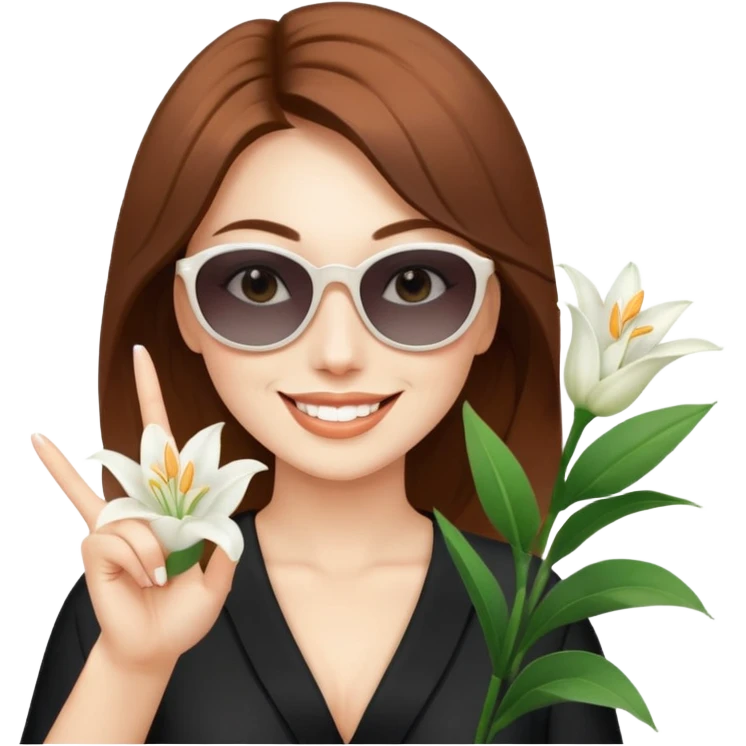 Professional sexy woman smiling holding lilies posing in shades  and flashing peace sign fingers emoji