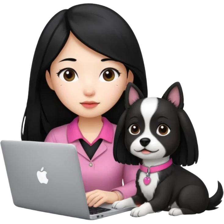 Asian girl with long black hair working on an Apple laptop, next to her is a small black and white dog with pink collar on  emoji