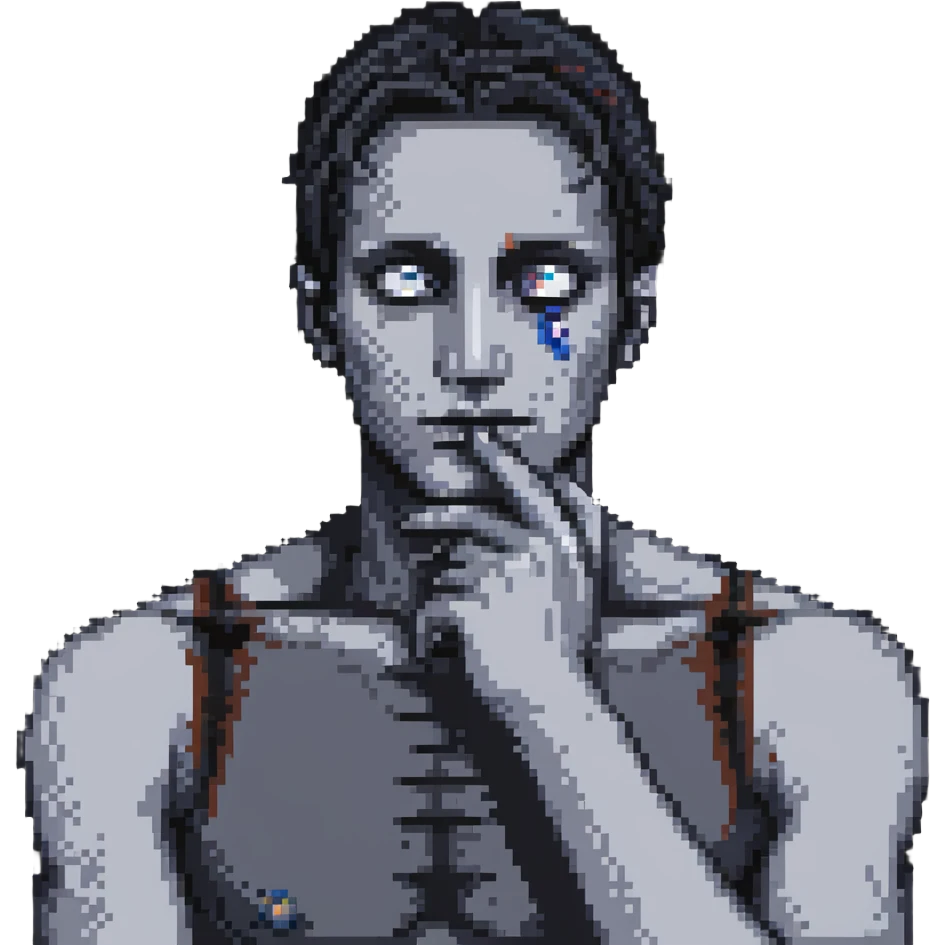 detailed human man with third eye open, contemplative pose with hand on chin emoji