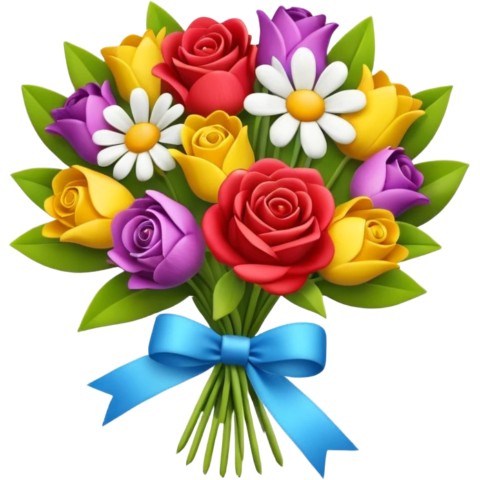 Apple-style 3D emoji of a colorful flower bouquet, tied together with a small ribbon, different bright flowers like roses, tulips and daisies, cheerful and elegant design, no background emoji