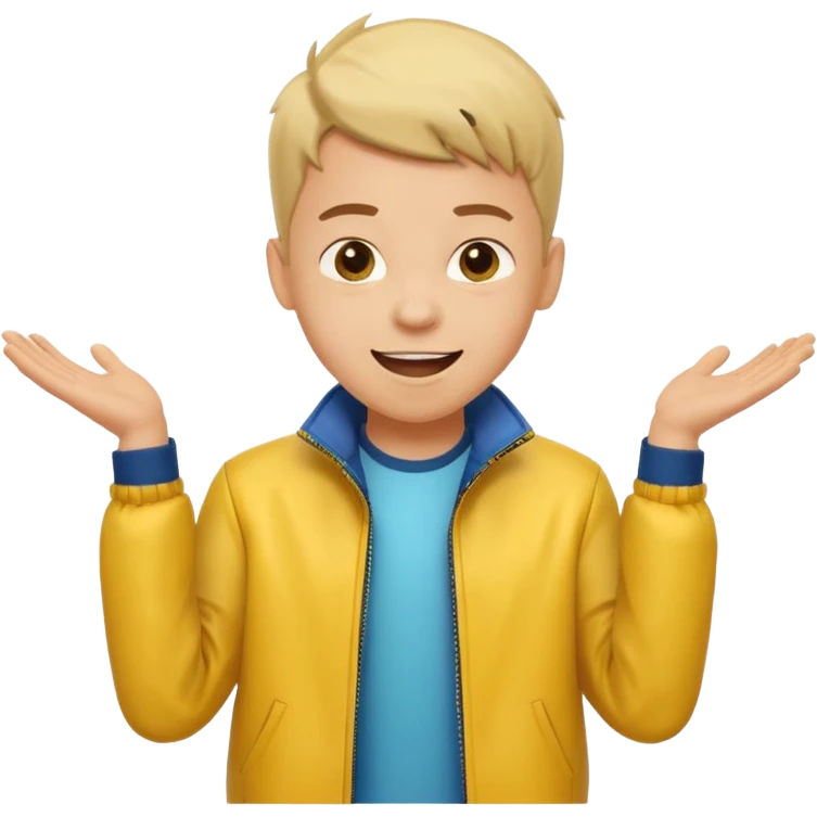 excited boy with good hair cut shrugging his shoulder, wearing yellow jacket and smile emoji
