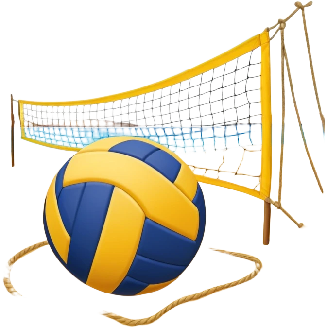 A volleyball resting on the yellow sand on a beach, with the net in the background and a scenic view of the ocean and sky. The scene captures the relaxed yet competitive vibe of beach volleyball, with warm sunlight and the natural beauty of the beach. emoji