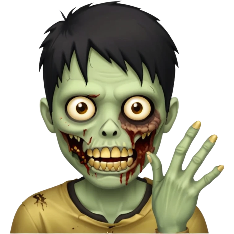 cabelo liso desordenado negro homen con aparencia de zombi y que haga un gesto mostrando los dientes de oro que se agarre la boca con la mano emoji