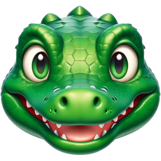 Cinematic Cute Crocodile Portrait Emoji, Head tilted playfully and inquisitively, featuring a smooth, glossy emerald-green hide with subtle textured scales and round, sparkling eyes filled with curious mischief, Simplified yet irresistibly adorable features, highly detailed, glowing with a warm, friendly glow, high shine, affectionate and surprisingly charming, stylized with a touch of wild whimsy, bright and endearing, soft glowing outline, capturing the essence of a mischievous yet lovable crocodile, so playful it feels like it could snap out of the screen into your arms! emoji