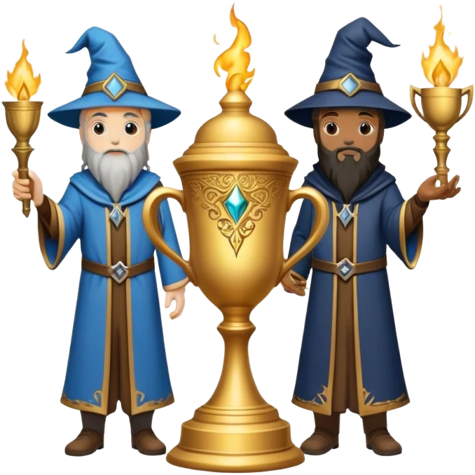 three wizards standing around the Triwizard Cup from Harry Potter emoji