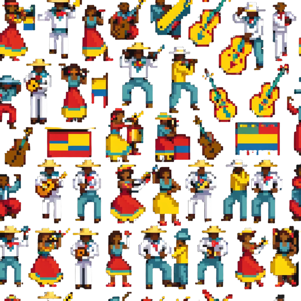 Colombian salsa musicians with instruments and dancers in vibrant colors emoji