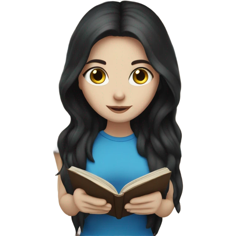 White skin with long dark hair, blue eyes, reading a book emoji