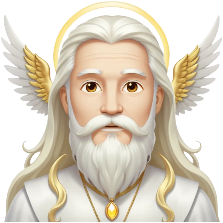God-like figure with majestic white wings, long flowing white hair, beard and mustache, wearing gold dangle earrings, glowing aura emoji