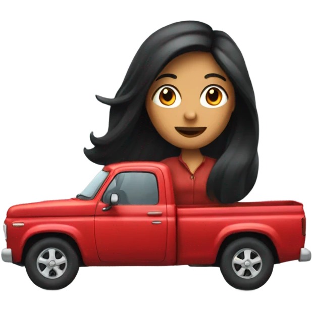 A lady with long black hair, driving and older red pick up truck  emoji