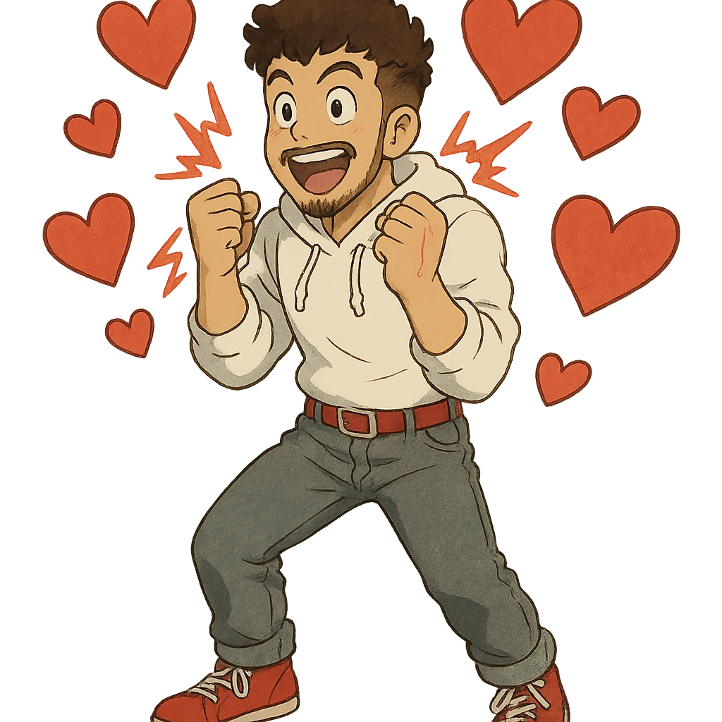 a burst of heart shapes that fits the theme: 1 male, mid fade haircut dark chestnut brown curly hair, toasted lightskin, white hoodie sleeves up, gray fashion jeans, red fashion-sneakers shoes, red belt, short trimmed beard and goatee,  style of deku from "my hero academia",  doing a "i adore that!" exclaimation pose with red electricity, emoji