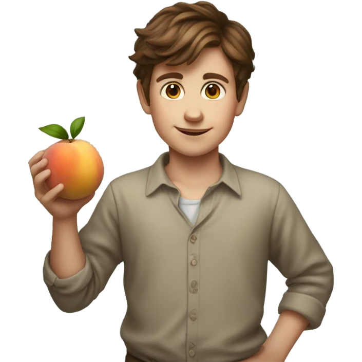brown haired boy portrait above holding peach emoji