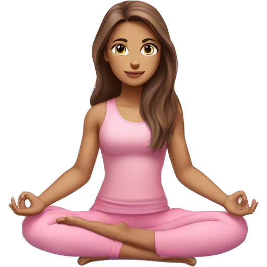 Brunette long hair and blue eyes yoga beautiful girl in light pink pink pink clothes sitting on a yoga mat emoji