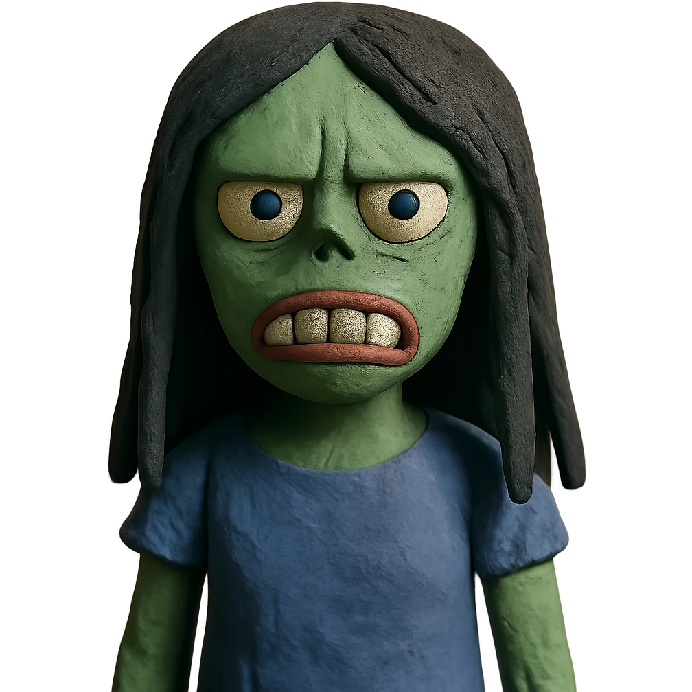 girl zombie with black long hair with teeth and serious face emoji