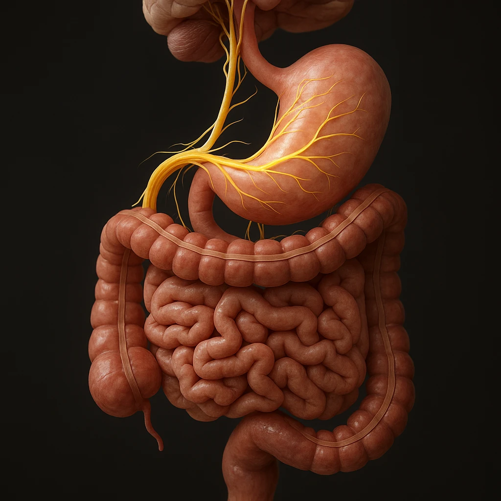 vagus nerve highlighted in the digestive system, hyper realistic 4K style, anatomical details, natural colors emoji