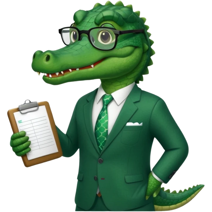 A cartoon alligator in a business suit with a clipboard and glasses emoji