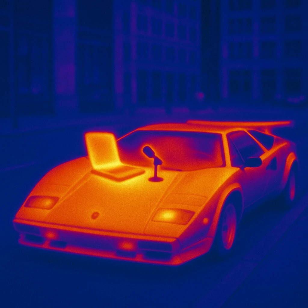 Lamborghini Countach with a laptop and a microphone for recording on the hood in a city background emoji