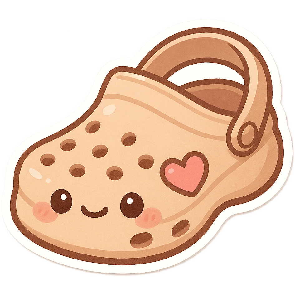 chibi sticker-style croc shoe with a heart accent, cute and exaggerated emoji