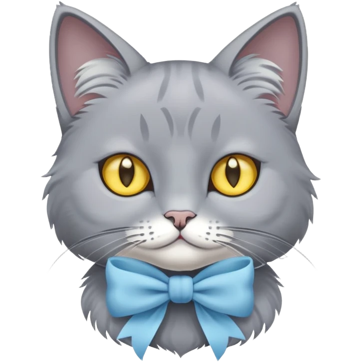 a grey cat with yellow eyes and a light blue full-length bow emoji
