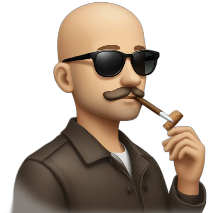 Andrew Tate, bald, small beard and mustache, sunglasses, smoking a tobacco cigar, Andrew Tate's appearance is serious emoji