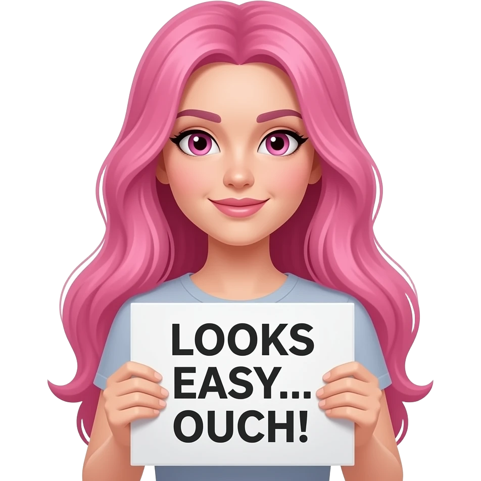 sexy girl with long pink hair and pink eyes wearing a holding a LOOKS EASY... OUCH! sign emoji