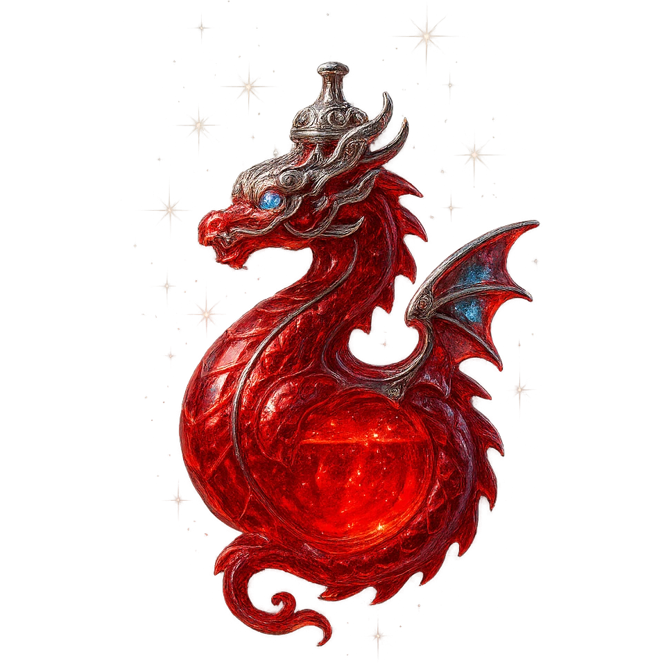 luxurious crystal elixir bottle in dragon shape, entirely vibrant red color, ornate silver and iridescent details, very small neck, seamless bottom, bottle clearly floating in air, no base or shadow, modern, collection style, extra magical glowing and sparkling effects emoji