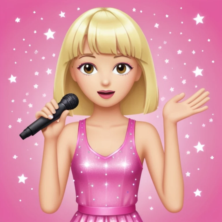 Pretty and thin tall Blonde pop star with bangs singing onstage, wearing a sparkly pink outfit   emoji
