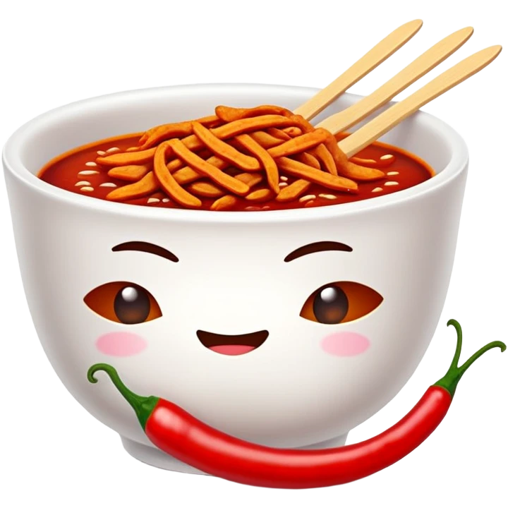 Spicy Gluten Strips in bowl with red chili oil, simplified emoji style with bold outlines and bright colors, cartoon style Chinese street food Mala Jisi emoji