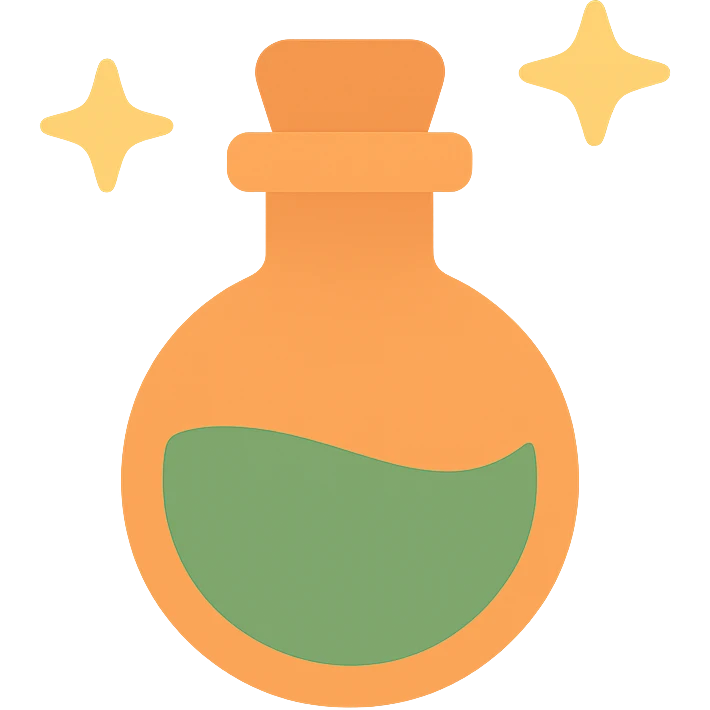 cute magic potion bottle with stars shining aroundв таких цветах FA9B41, 4A7C5C,  emoji